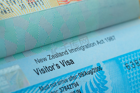 旅行概念背景的护照印章签证，新西兰