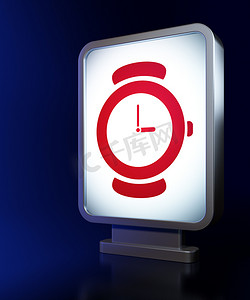 手表海报背景摄影照片_时间概念： 在广告牌背景的手表