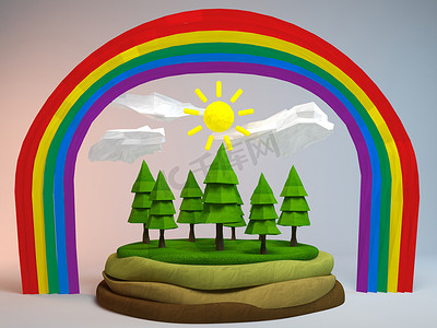 儿童小彩虹摄影照片_带太阳的小森林纸风格