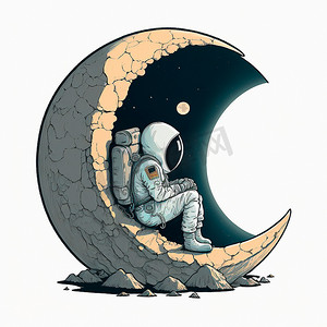 坐在月球上的宇航员的卡通形象