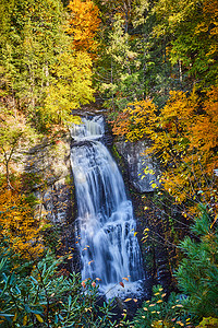 悬崖上的大瀑布被秋叶树环绕