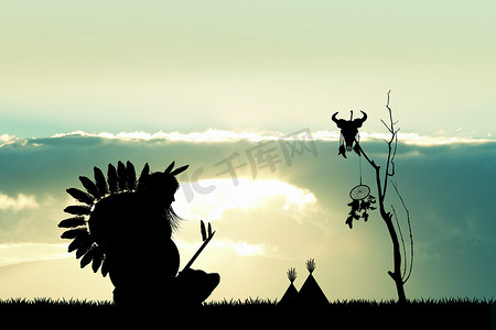 日落时的美国原住民印第安人