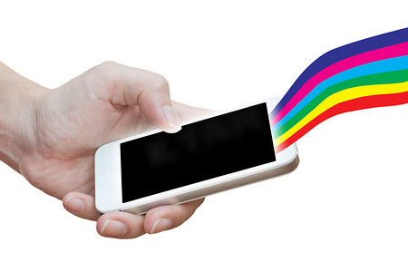 手机线上广告摄影照片_手持智能手机和白色背景上的彩色线条
