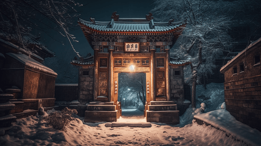 古典的摄影照片_夜幕下的雪中丽景门