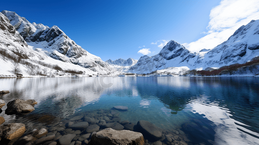 蓝天下白雪环绕的湖，群山环绕