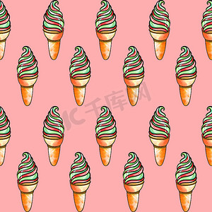 樱桃冰淇淋图案摄影照片_粉红色背景中带水果和奶油味的华夫饼杯中红绿冰淇淋的无缝光栅图案
