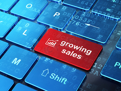 经营理念： 计算机键盘背景下的增长图和销售增长