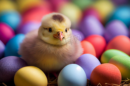 复活节彩蛋附近可爱的黄色小鸡