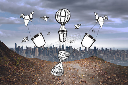 时间和热气球涂鸦的复合图像