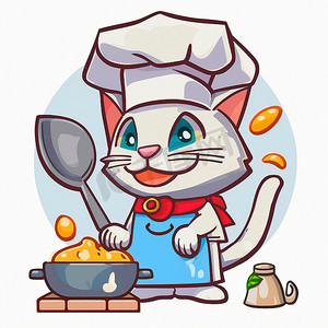 卡通狗年春节摄影照片_厨师的猫戴着厨师帽的卡通形象，他在厨房里做饭，卡通