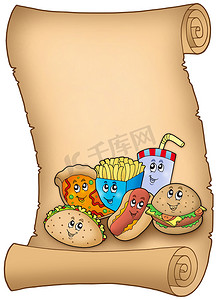 卡通三明治摄影照片_羊皮纸与各种卡通餐