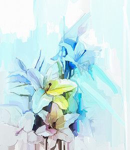 油画花卉摄影照片_柔和的粉红色和蓝色背景的白色花朵静物