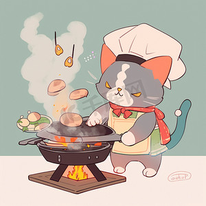 协助翻身卡通图摄影照片_厨师的猫戴着厨师帽的卡通形象，他在厨房里做饭，卡通