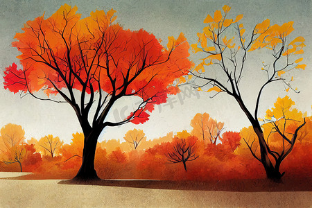 秋天的树和灌木的手绘插图。