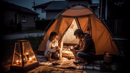 家庭,潮格人的快乐的父亲小女儿孩子们的帐篷里晚上家玩茶话会家庭孩子们的帐篷里玩茶话会