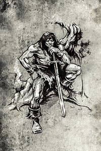 纹身艺术，一个拿着大剑的战士的素描