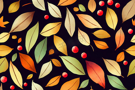 感恩节二摄影照片_水彩秋天的树叶和浆果无缝图案包装高品质二维插图。