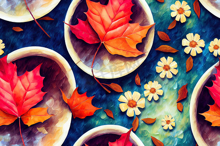 秋天的天气。一双鞋里的手绘花。水彩复古