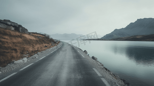 白天靠近水体和山脉的灰色混凝土道路