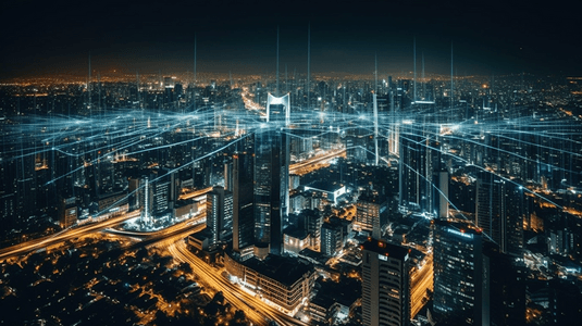 在夜里建造现代商业区有天上的线路和连接点智能城市的无线互联网络