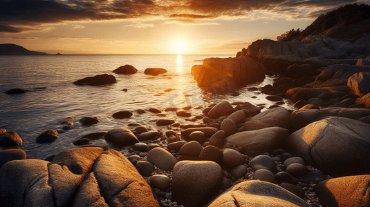 太阳正在多岩石的海滩上落下