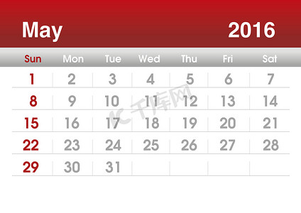 2016 年日历。2016 年 5 月的规划日历。