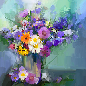 油画雏菊花在花瓶里。