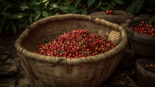 生长的咖啡豆摄影照片_咖啡豆种植园收获满满的篮子
