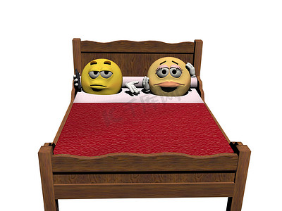 床上的两个表情符号 — 3d 渲染