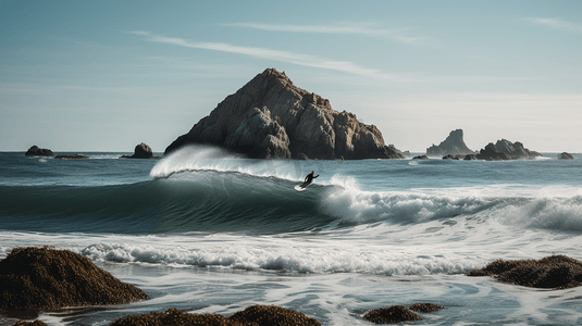 海上冲浪摄影照片_白天在灰色岩层附近海上冲浪