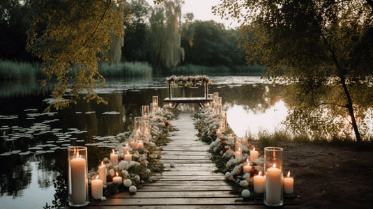在湖边或河户外复制空间附近装饰鲜花和绿色的圆环婚礼拱门