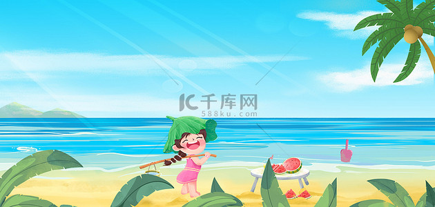 夏季卡通海滩背景图片_夏季海边蓝色手绘背景