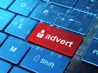 广告概念： 商人和计算机键盘背景上的广告