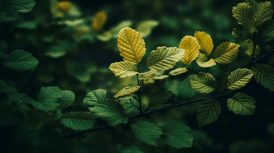 春天中摄影照片_花园树或观赏植物的美丽自然背景绿叶与黄点混合在模糊的背景中关闭图像这是一个美丽的自然背景这些绿叶应该出现在电脑显示屏上