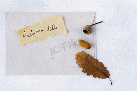 信封和秋干植物和花朵，纸上的回忆词