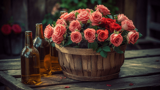 一束玫瑰花香槟和酒杯放在一个灯
