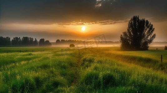 夏季景观与日落时的戏剧天空俄罗斯