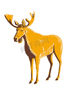 项目管理计划摄影照片_从侧面看的成年雄性驼鹿或麋鹿 WPA 海报艺术