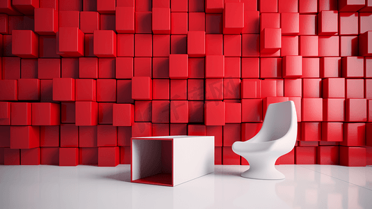 红色的立方体摄影照片_一件红色的家具被白色的立方体包围