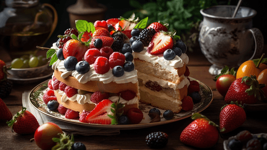 草莓摄影照片_奶油草莓水果蛋糕