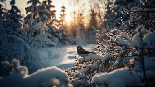 冬天山雀坐在被雪覆盖的云杉树枝上