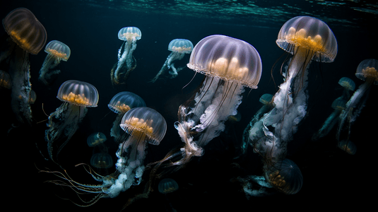 一群在水中游动的水母