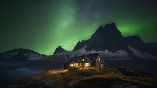极光壁纸摄影照片_在绿色极光下的山中央的小屋