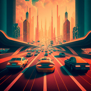 科幻游戏海报摄影照片_复古风格的未来城市。