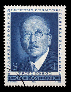 颁奖人摄影照片_在奥地利打印的邮票显示 Fritz Pregl，化学家