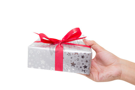 红色礼品盒白色丝带握手隔离在白色背景上