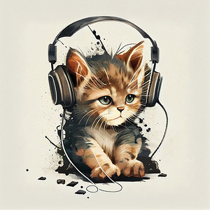 戴着大耳机的可爱小猫，听音乐，孤立