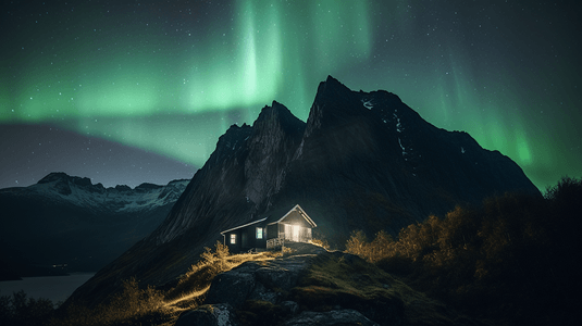 在绿色极光下的山中央的小屋