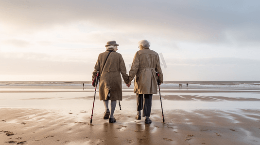 老年人手牵手在海边散步