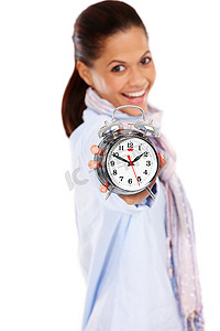 时间、微笑和女人肖像与时钟，准时在白色背景上隔离的时间表。